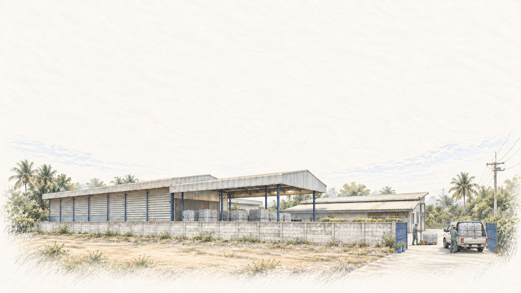 Our factory in Thailand, illustrated in pencil among palms and greenery