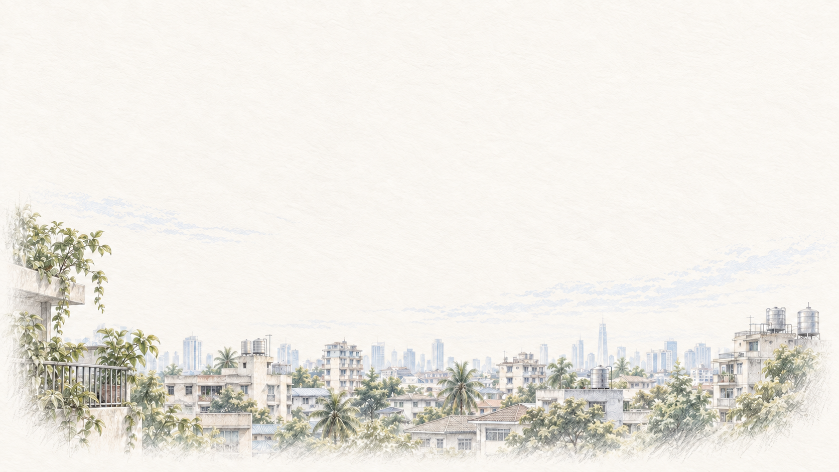 A delicate pencil panorama of Bangkok rooftops and greenery